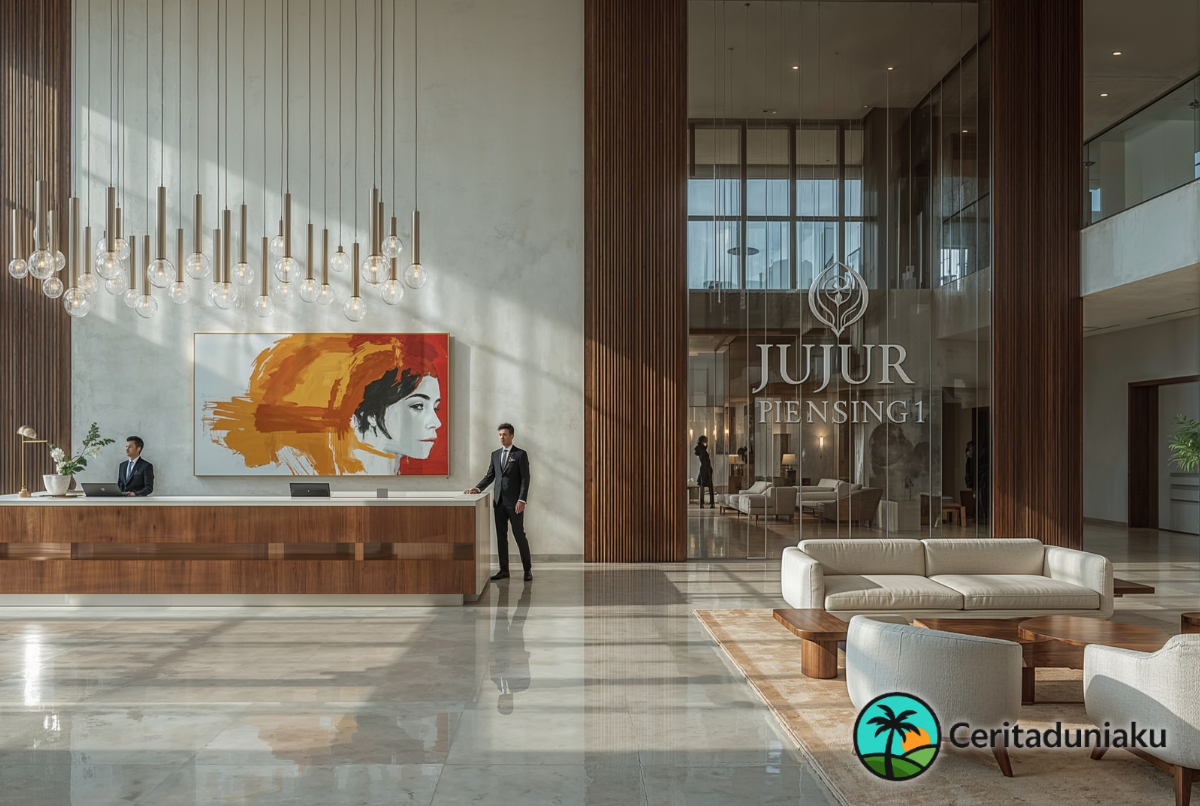Interior lobi sederhana di review hotel bintang 1 Jakarta dengan beberapa tempat duduk dan meja resepsionis.