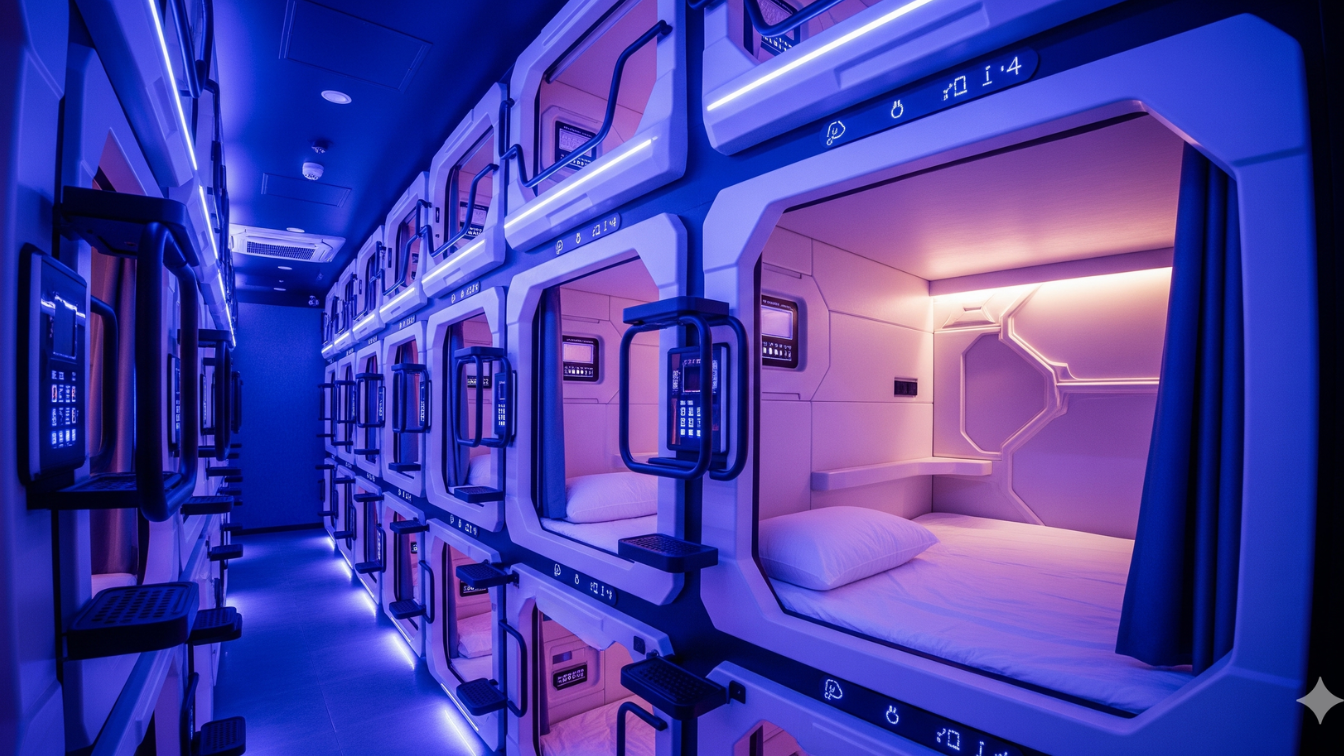 Interior futuristik hotel kapsul Jakarta dengan pencahayaan LED ungu biru