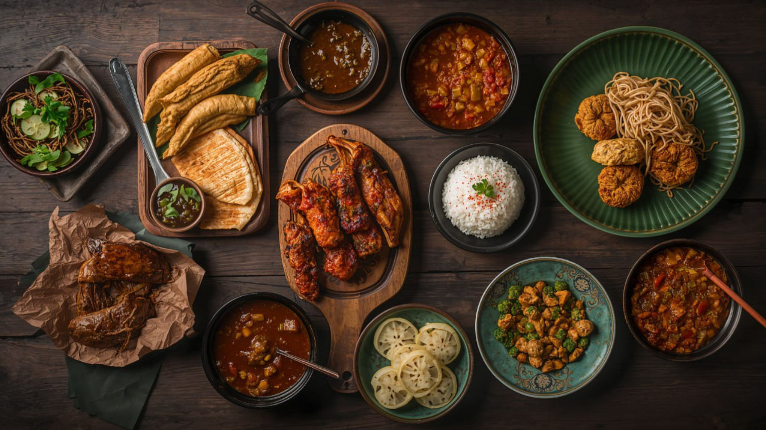 Hidangan kuliner Indonesia lengkap di atas meja kayu