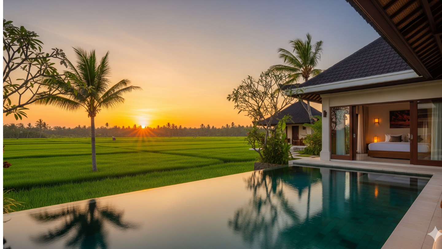 Villa honeymoon romantis di Bali dengan infinity pool menghadap sawah saat sunset