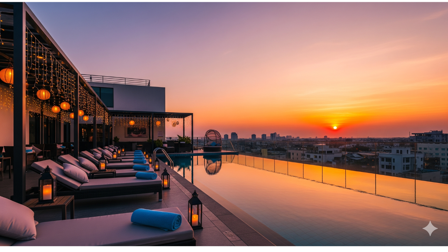 Hotel modern dengan kolam renang rooftop dan pemandangan sunset