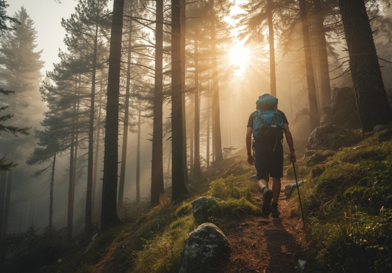 Pendaki pemula berjalan di jalur hutan gunung dengan sinar matahari pagi