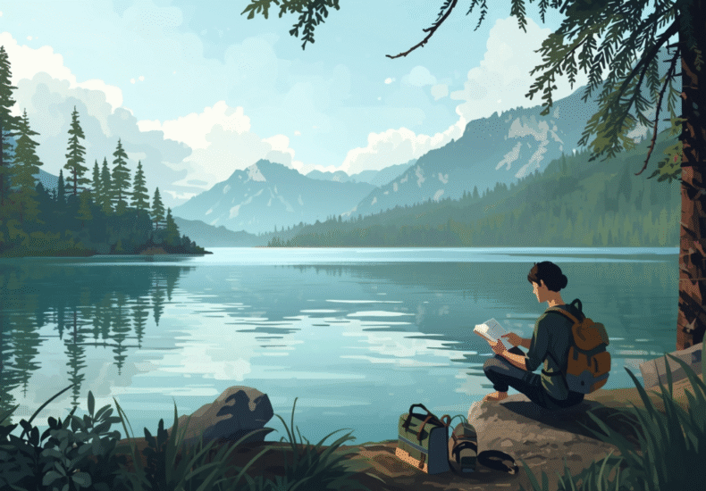 Traveler duduk di tepi danau sambil menulis jurnal perjalanan.