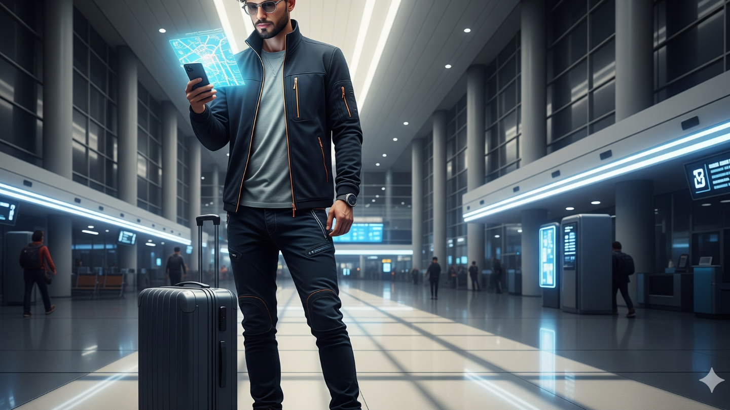 Traveler modern dengan peta digital di bandara