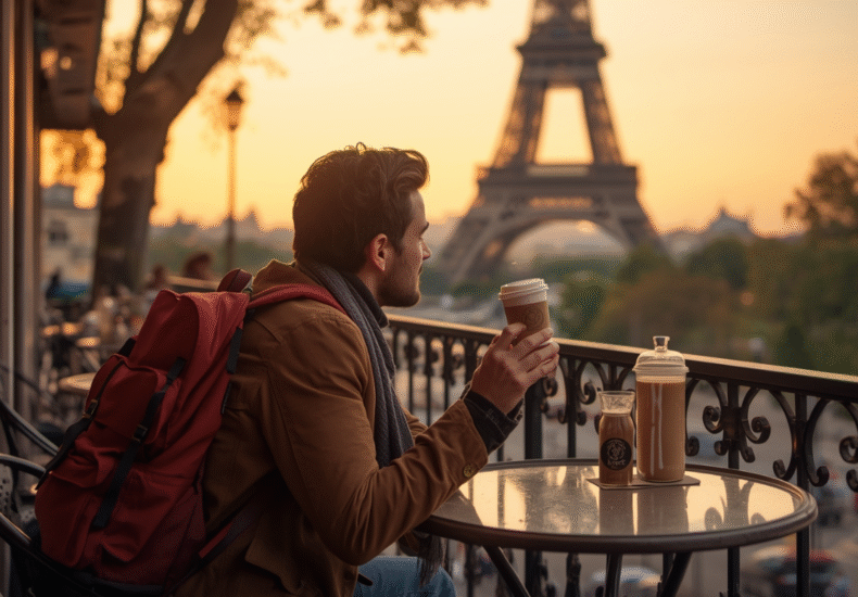 Traveler hemat menikmati kopi di kafe dekat Menara Eiffel Paris.