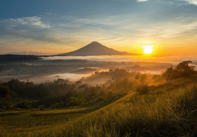 Sunrise Desa Pinggan Bali dengan siluet Gunung Batur
